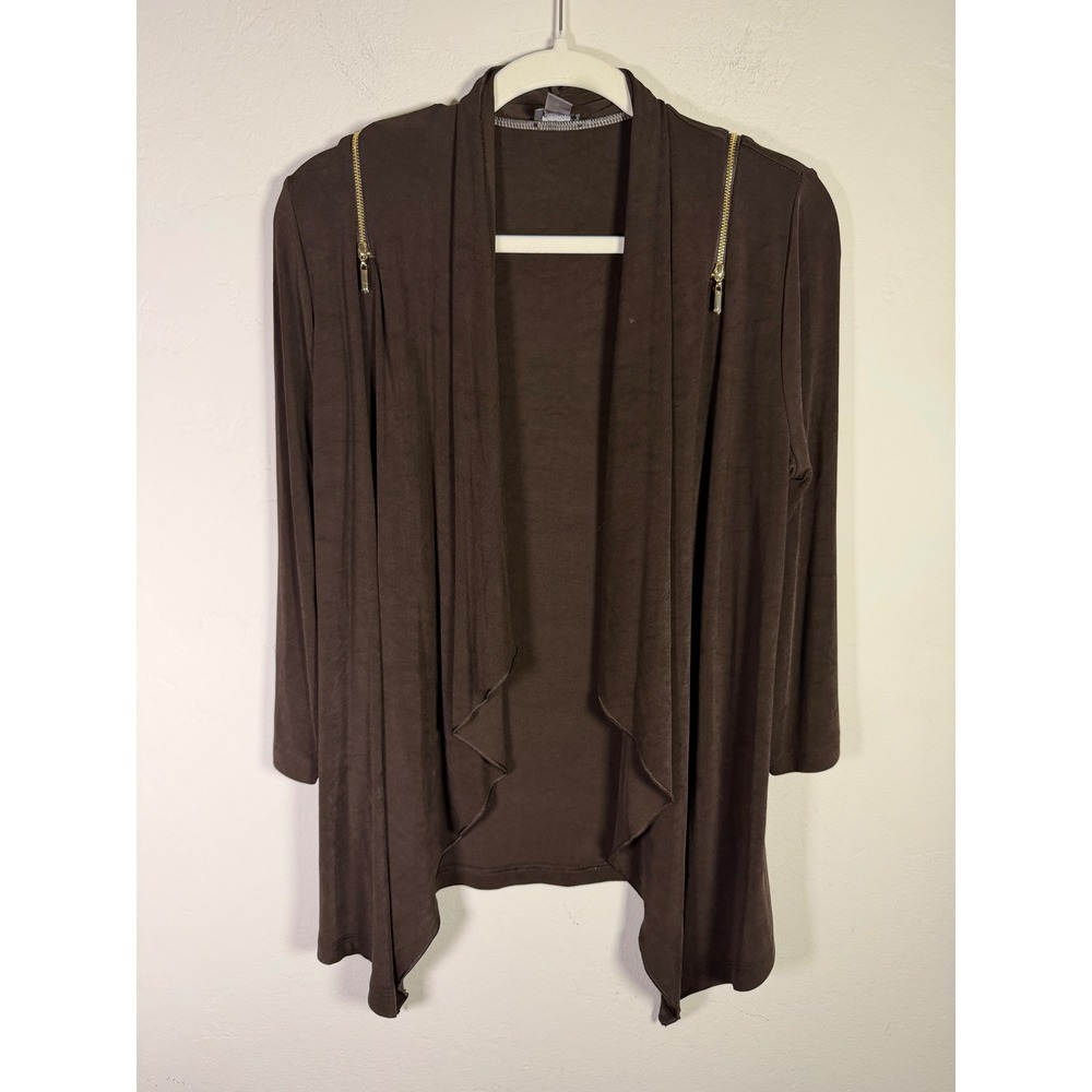 Chicos Travelers Brown Draped Open Front Cardigan Zipper Shoulder Size 1 M Mens